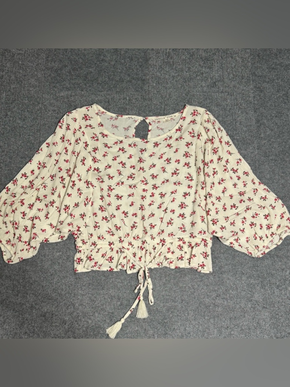 Vanilla Star Floral Cropped Blouse M Balloon Sleeve Boho Cottagecore Tassel Soft